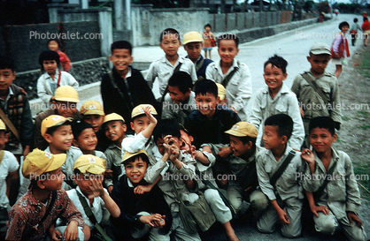 Smiling, Laughing, Boys, Group Portrait, Hats, smiles, Ami Village, Taiwan, 1968, 1960s
