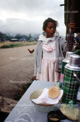 Girl, dress, food, thermos bottles, rooster
