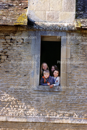 Kids in Window, boys, girls, window, shade, adobe, brick, wall