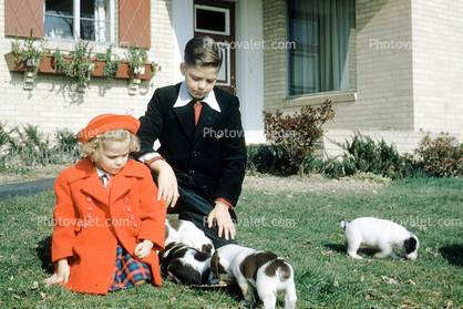 Hat, Coat, Puppies, Puppy, boy, girl, frontyard, Bill and Lori Ann, Novermber 1951