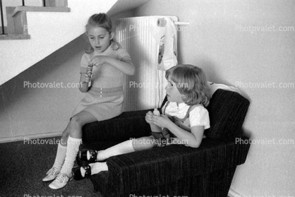 Girls, Sitting, Socks, Chair, 1960s
