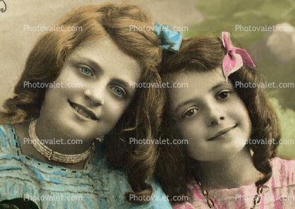 smiles, two girls, ribbons, smiling, 1920's, RPPC