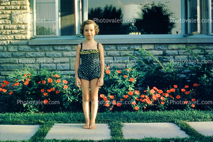 Girl, Pose, Flowers, Brick, Swimsuit, 1950s