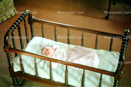 Crib, Baby, Girl, snuggly, creche, onesie, infant, bulky, 1950s