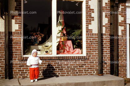 Brick, Window, display, Child, jacket, 1955, 1950s