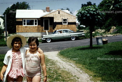 Girls in Bathing Suits, suburbia, Chevrolet Impala, House, 1950s