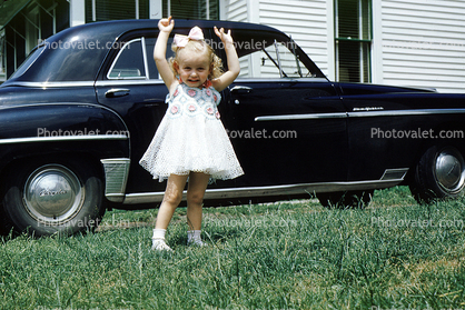 Cute little girl, dress, ribbon, tiara, 1951 Chrysler Windsor, Car, 1950s