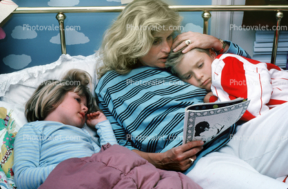 Mother Reads to her Children, Bedtime, nighttime