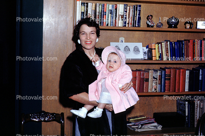 Baby, Bonnet, Coat, Bookshelf, Toddler, books, daughter, May 1954, 1950s