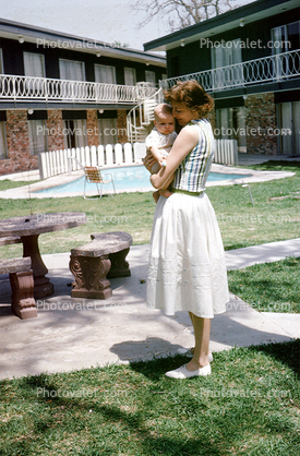 Apartments, pool, baby, May 1963, 1960s