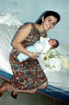 Newborn, Baby, Infant, Smiles, Boy, Bed, Hospital, Swaddled, June 1966, 1960s