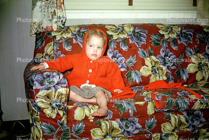Little Red Riding Hood on a Couch, girl, hoody, flowers, 1940s