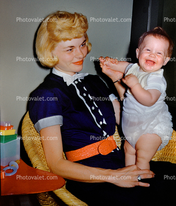 Mother with her Baby Girl, smiles, cute, adorable, 1950s