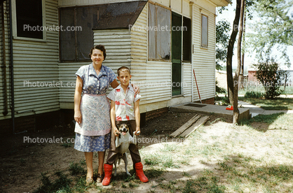 Mother and Son, Dog, Backyard, house, 1950s