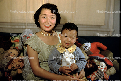 Korean Mother and Son, dolls, smiles, 1950s