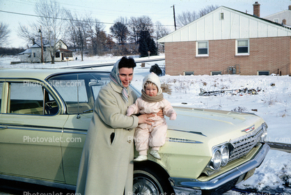 Mother and Daughter Outdoors, Snow, Chevy Impala, 1960s