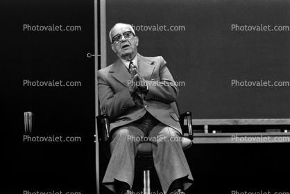 Bucky talking, chalkboard, "Conversations with Buckminster Fuller" event, New York City