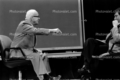 Bucky talking, chalkboard, "Conversations with Buckminster Fuller" event, New York City
