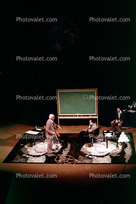 polyhedra, stage, chalkboard "Conversations with Buckminster Fuller" event, New York City