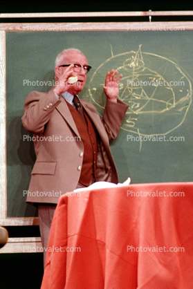 Chalkboard, stage, polyhedra, "Conversations with Buckminster Fuller" event, New York City