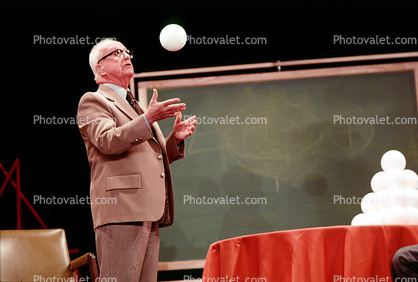 Bucky with ball in the air, "Conversations with Buckminster Fuller" event, New York City