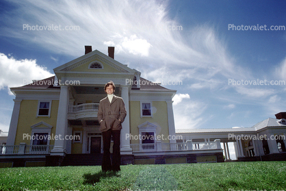 Portrait of Marshall Thurber, clouds, mansion, Burklyn Hall, Burke, Vermont, 1970s