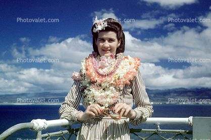 Woman, Lei, Flowers, 1940s