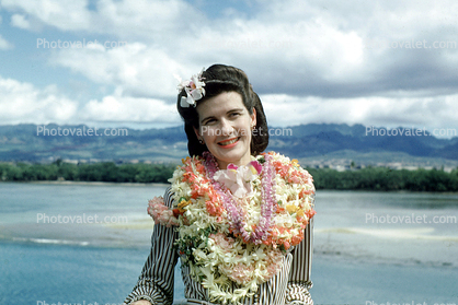 Woman, Lei, Flowers, 1940s