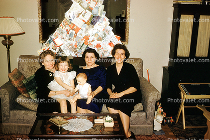 Woman, Grandaughter, Grandmother, Smiles, Couch, Coffee Table, Lamp, 1940s