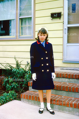 Girl, Bonnet, Coat, Gloves, shoes, socks, steps, stairs, mailbox, cold, 1950s