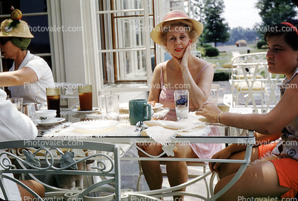 Table, tea, plates, mug, Helen, June 1957, 1950s