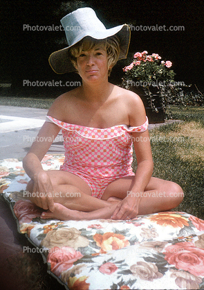 Woman, Hat, Bathingsuit, Backyard, Flowery Lounge Chair, Priscilla Riker, 1968, 1960s