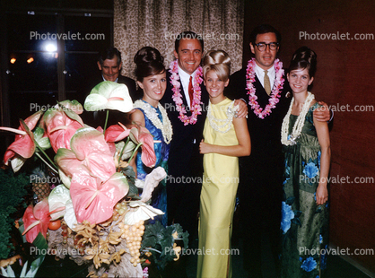 Flowery Dress, Lei, smiles, Women, Men, beehive hairdo, blondes, October 1964, 1960s