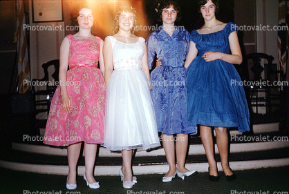 flowery dress, girls, teens, teenager, June 1961, 1960s