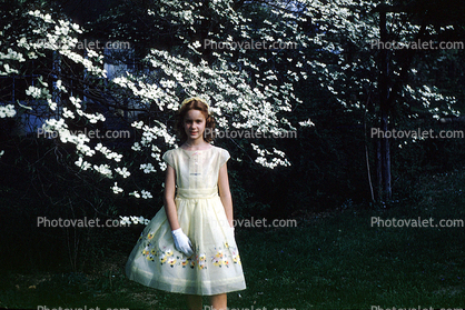 girls in a formal dress, smile, gloves, June 1960, 1960s