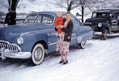 1954 Buick Special, Mother, Child, Snow, Cold, Cars, vehicles, 1950s