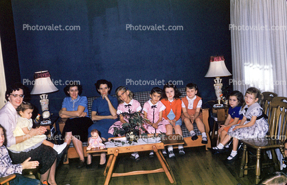 Girls, Boys, Mothers, lamps, curtains, coffee-table, 1957, 1950s