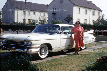 1959 Cadillac, Windy, Windblown, car, whitewall tires, building, Moers Germany, August 1959, 1950s