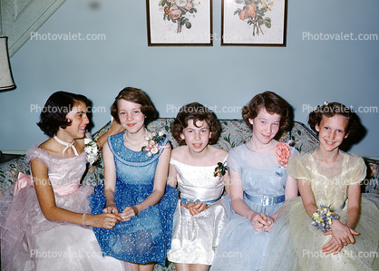 Girls, party dress, corsage, sofa, smiles, tween, cute, funny, 1940s