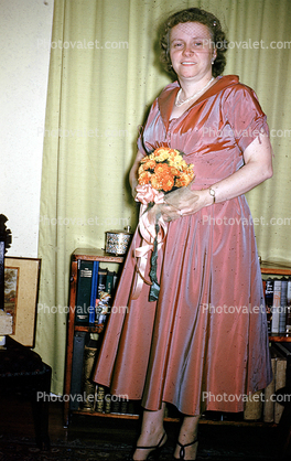 Female, Feminine, woman, lady, dress, Women, flower bouquet, October 1954, 1950s