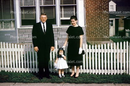 Male, Guy, Masculine, Caucasian, Girl, Female, Feminine, woman, lady, Child, Formal, suit and tie, picket fence, brick, window, 1940s