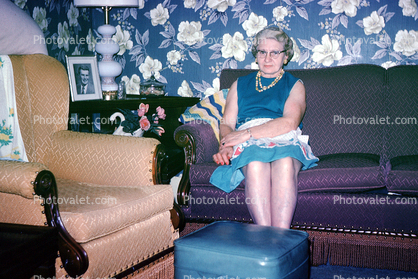 Flower Wallpaper, sofa, chair, lamp, table, 1940s