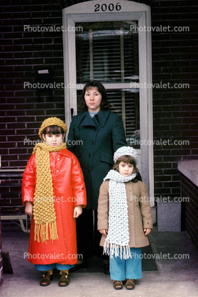 Woman, female, coats, scarf, hats, cold, mother, daughters, 1970