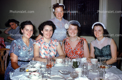 Women at a Luncheon, table setting, formal, hats, dresses, 1952, 1950s