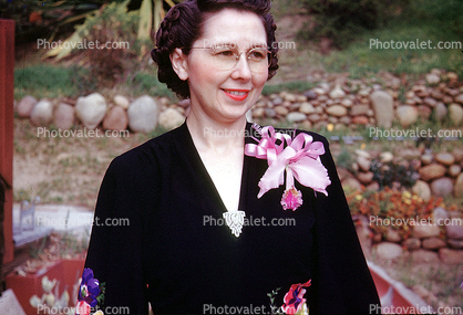 Women, female, formal dress, Corsage, orchid, flower, ribbon, smiles, glasses, 1950s