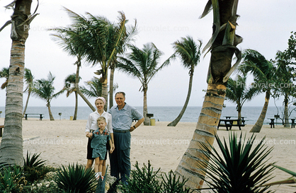 Beach, Palm Trees, parents, son, mother, father, 1950s