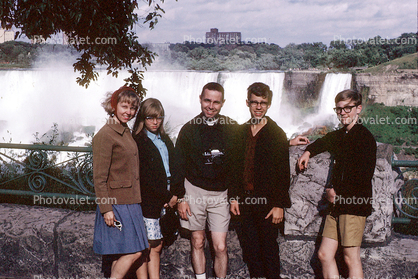Niagara Falls, Waterfall, group, girls, boys, camera, shorts, dress, smiles, smiling, 1950s