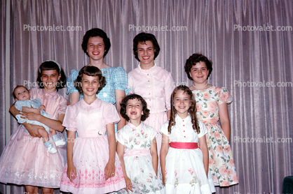 Group Portrait, formal dress, girls, baby, smiles, smiling, 1950s