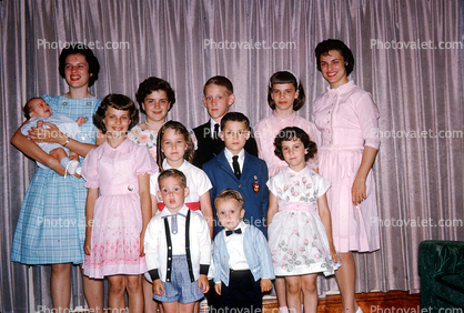 Group Portrait, formal dress, smiles, baby, girls, boys, 1950s