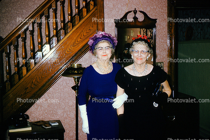 Friends, Women, Hats, Stairs, Staircase, Telephone, Gloves, 1950s